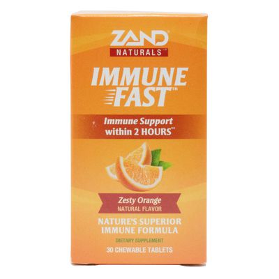 Zand Immune Fast chewable tablets, Zesty Orange flavor, offering quick immune support within 2 hours, 30 count box.