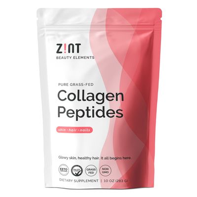 Zint Collagen Peptides packaging, showcasing pure grass-fed supplement for healthy skin, hair, and nails, 10 oz bag.