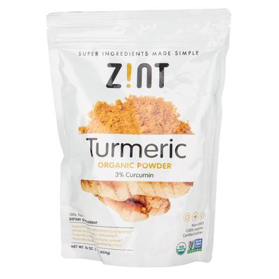 Zint Organic Turmeric Powder with 3% Curcumin, a powerful antioxidant-rich superfood for health benefits, in a resealable pouch.