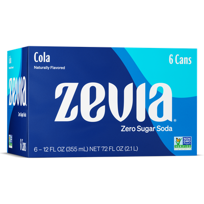 Zevia Cola 6-pack, zero sugar diet soda with natural flavors, featuring zero calories and non-GMO verification.